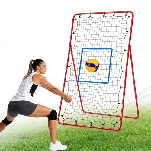 OLIXIS 7x4 ft Volleyball Rebounder Net - Multi Sport Bounce Back Training Equipment with Travel Bag, 5 Adjustable Angles for Outdoor Indoor Practice, Spiking, Bumping, Volleying - color: RED