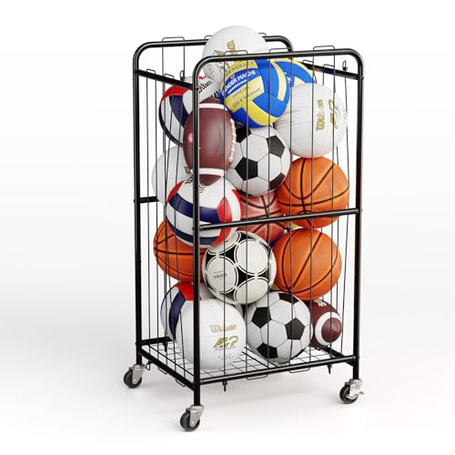 Olldide 43-Inch Large Ball Storage Basket with Wheels, Rolling Cart Sports Equipment Garage Organizer with Elastic Rope for Easy Access, Holder for Basketball, Soccer, Volleyball, Football - color: Black, size: 210L