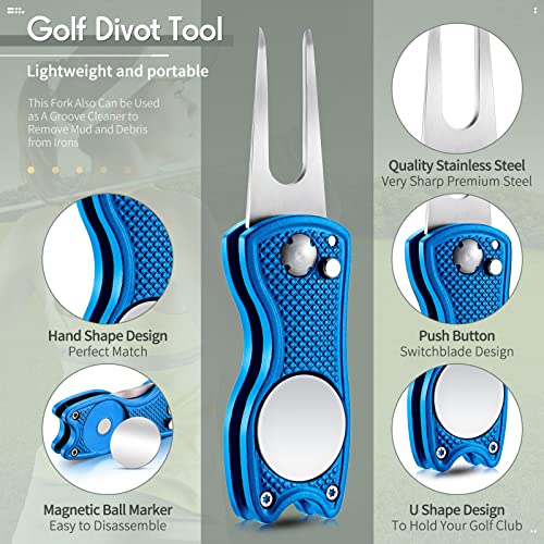 Skylety 4 Pcs Golf Divot Repair Tool Metal Foldable Golf Divot Tool with Magnetic Pop-up Button Ball Marker Stainless Steel Switchblade for Golfers Prizes - color: Blue