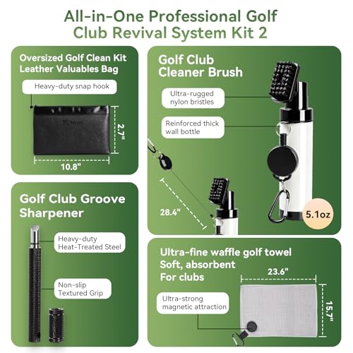 Pro Golf Club Care Kit – Cleaner, Polish, Brush, Groove Sharpener, Grip Cleaner, Magnetic Towel & Leather Bag – Restores Clubs, Removes Rust & Scratches, Renews Tackiness – Golf Gifts for Golfers