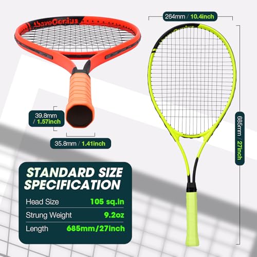 AboveGenius Neon Tennis Rackets 2 Pack for Adults- 27" Lightweight Aluminum Tennis Racquet Set with 3 Balls & Bag- Vibrant High-Visibility Matte Finish for Men Women Beginners - color: Yellow/Orange