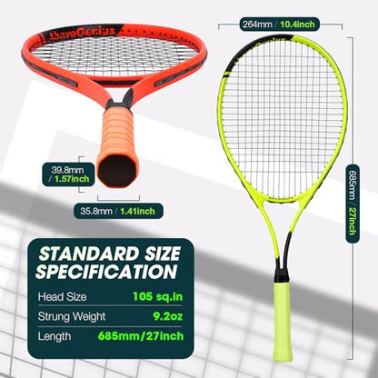 AboveGenius Neon Tennis Rackets 2 Pack for Adults- 27" Lightweight Aluminum Tennis Racquet Set with 3 Balls & Bag- Vibrant High-Visibility Matte Finish for Men Women Beginners - color: Yellow/Orange