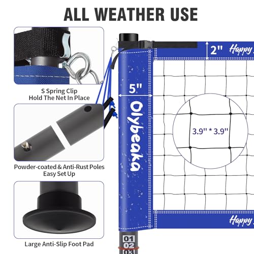 32ft Outdoor Portable Volleyball Net Set for Backyard Beach with Adjustable Heavy Duty Poles, 28-ply Durable Net, PU Volleyball & Pump, Carry Bag (Blue, 32ft)