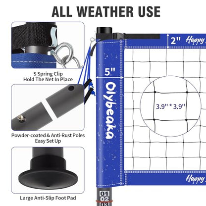32ft Outdoor Portable Volleyball Net Set for Backyard Beach with Adjustable Heavy Duty Poles, 28-ply Durable Net, PU Volleyball & Pump, Carry Bag (Blue, 32ft)