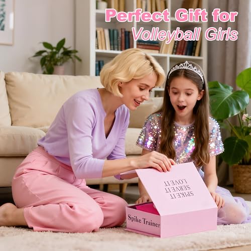 Volleyball Training Equipment (No Ball Included): 6-Piece Pink Solo Volleyball Trainer Set with Training Cards for Serving, Spiking, Setting & Hitting – Gift for Teen Girls and Beginner Player