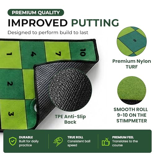 Golf Putting Mat: Indoor Putting Green with 4 Cups and Target Zones - Portable Golf Training Aid and Capture the Cup Putting Game - color: 9ft x 2.5ft Green & Black
