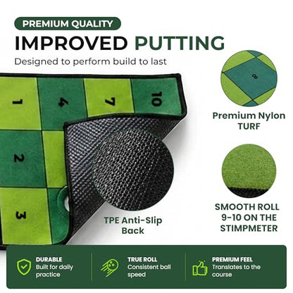 Golf Putting Mat: Indoor Putting Green with 4 Cups and Target Zones - Portable Golf Training Aid and Capture the Cup Putting Game - color: 9ft x 2.5ft Green & Black