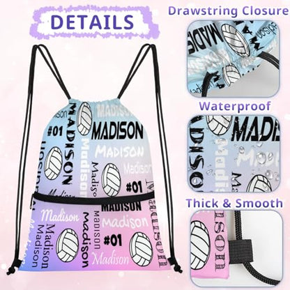 Custom Volleyball Style Drawstring Bag, Personalized Sports Ball Backpack Drawstring Sack Cinch Bags for Team Gift Party Favors, Cut Glitter Pattern - color: Blue