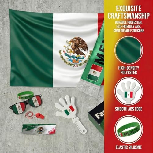 Soccer Fan Gear Set 2026-7 Piece Game Day Kit with Flag, Scarf, Glasses, Whistle, Clapper, Wristband & Headband in Gift Box - Watch Party & Stadium Essentials for Mexico - color: Mexico