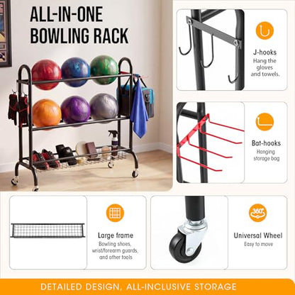 Sosation Bowling Ball Rack with Wheels 3 Tier Heavy-Duty Rolling Bowling Ball Storage Stand with Basket for Sports Equipment Accessories, Home, Gym (Holds 6 Balls)