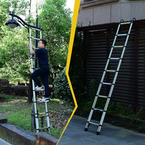 Telescoping Ladder, Aluminum Lightweight Extension Ladder with 2 Triangle Stabilizers, Heavy Duty 330lbs Max Capacity, Multi-Purpose Collapsible Ladder for RV or Outdoor Work (8.5FT) - size: 8.5FT