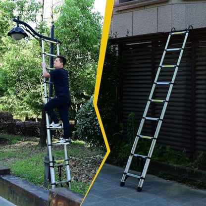 Telescoping Ladder, Aluminum Lightweight Extension Ladder with 2 Triangle Stabilizers, Heavy Duty 330lbs Max Capacity, Multi-Purpose Collapsible Ladder for RV or Outdoor Work (9.5 FT) - size: 9.5 FT