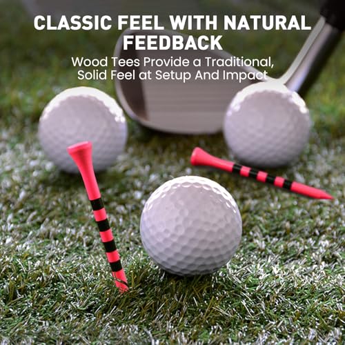 Bright Pink Golf Tees Wood 1 1/2" 2 1/8" 2 3/4" 3 1/4" Value 500/1000 Pack with Consistent Height Design, High Visibility Tees with Stripes & Stable Launch - size: 500Count(2 3/4 Inch)