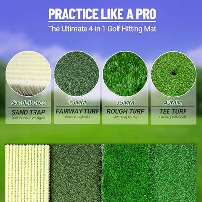 SPOYNAL 4-in-1 Golf Hitting Mat, Turf Golf Hitting Mat for Putting, Driving & Chipping, Indoor/Outdoor Portable Golf Practice Mat with Realistic Grass/Sand Surface and Tees