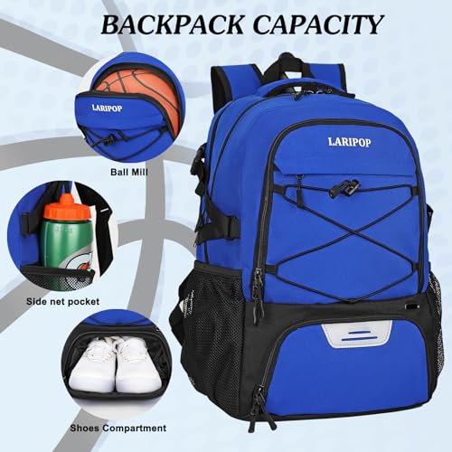 LARIPOP Basketball Backpack Large Basketball Bag with Ball Holder & Shoe Compartment for Youth Adults Men Women - color: Blue