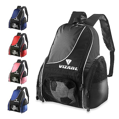 Vizari Solano Soccer Backpack With Ball Compartment and Vented Ball Pocket and Mesh Side Cargo Pockets for Adults and Teens - color: Black
