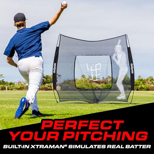 GoSports 7 x 7 ft Advanced Baseball & Softball Net with Xtraman Batter - Portable Hitting & Pitching Practice Net
