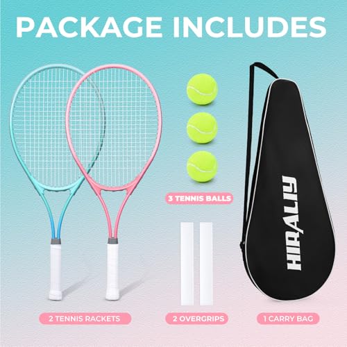 HIRALIY Tennis Rackets 2 Pack for Adults Beginners - 27 Inch Lightweight Aluminum Tennis Racquet Set with 3 Balls & Carry Bag - Vibration Dampening & Large Sweet Spot for Men Women Couples