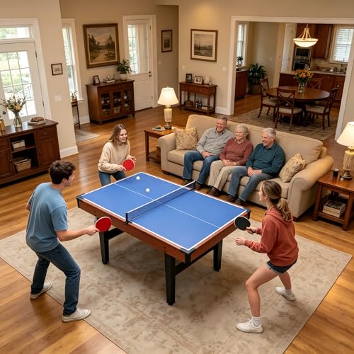48" Combo Game Table Set, Portable Pool Table with Glide Hockey and Table Tennis Top, Small Pool Table for Home Game Room, Indoor Ping Pong Tables, Includes Cue Sticks Balls Paddles Net