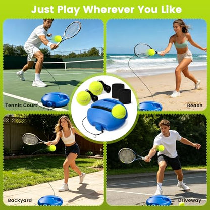 Tennis Trainer Rebound Ball Set, Tennis Practice Rebounder with 3 String Balls, Sports Wristband & Mesh Bag, Portable Solo Tennis Training Equipment for Indoor Outdoor Sport