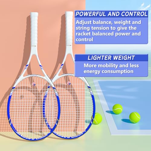 Pro Tennis Racket for Adults, 2 Player 27 inch Speed Tennis Racquet Acceptable for Beginner and Professional with 3 Tennis Balls, 2 Vibration Dampes, 2 Overgrips, Tennis Bag - color: Blue