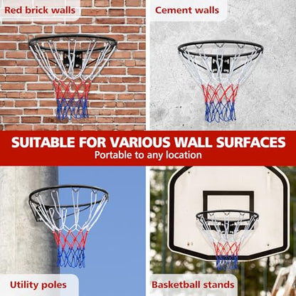 18" Basketball Rim Replacement, Wall Door Mounted Basketball Rim, Heavy Duty Basketball Flex Rim Goal Replacement with Net Fits In-Ground & Wall-Mounted Basketball Hoops, Indoor/Outdoor - color: Black