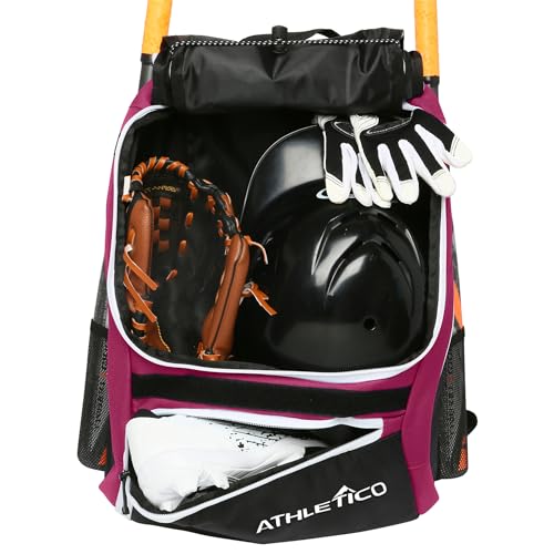Athletico Baseball Bat Bag - Backpack for Baseball, T-Ball & Softball Equipment & Gear for Youth and Adults | Holds Bat, Helmet, Glove, & Shoes |Shoe Compartment & Fence Hook - color: Maroon