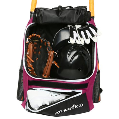 Athletico Baseball Bat Bag - Backpack for Baseball, T-Ball & Softball Equipment & Gear for Youth and Adults | Holds Bat, Helmet, Glove, & Shoes |Shoe Compartment & Fence Hook - color: Maroon