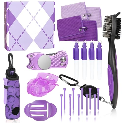 Golf Accessories Kit Golf Club Cleaning Kit Club Groove Cleaner Brush Divot Repair Tool Golf Towel with Clip Ball Bag with Hook Ball Alignment Kit Marking Pen Golf Gift Set Women - color: Purple