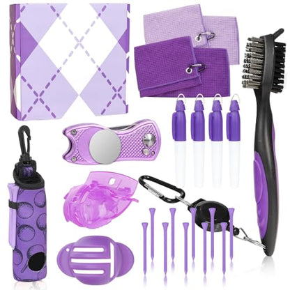 Golf Accessories Kit Golf Club Cleaning Kit Club Groove Cleaner Brush Divot Repair Tool Golf Towel with Clip Ball Bag with Hook Ball Alignment Kit Marking Pen Golf Gift Set Women - color: Purple