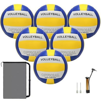 Volleyball, 6 Pack Official Size 5 Volleyball with Pump and Big Net Bag for Indoor Outdoor, Soft Touch Volleyballs for Adults Beach Play Pool Game Gym Play Training Match for Beginner