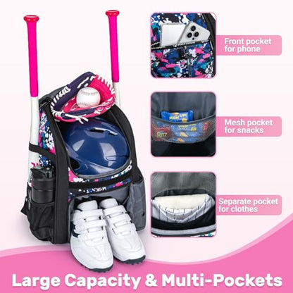 KAVIGOR Youth Baseball Bag, Softball Bag for Girls & Boys, Kids Tball Backpack with Shoes Compartment - color: Pink Camo