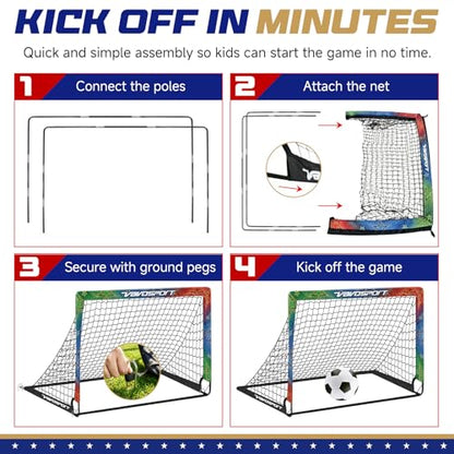 VAVOSPORT Kids Soccer Goals for Backyard Set, 2 Pack Portable Pop Up Soccer Goal with Soccer Net, Size 3 Soccer Ball, Pump, 10 Cones and Carry Bag, Toddler Soccer Training Equipment for Outdoor Games