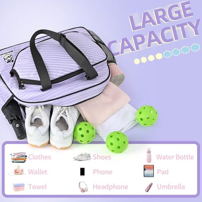 Boulder Bee Pickleball Bags, Premium Pickleball Tote Bag for Girls, Women’s Hand/Shoulder Gym Bag w Water Bottle Holder, with Pickleball Racquet/Paddle Holder - color: Stripe-Purple