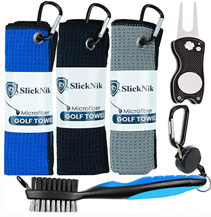 Golf Towel Pack - 3 Microfiber Waffle Pattern Golf Towels Including Golf Club Brush and Groove Cleaner Divot Repair Tool - color: Blue