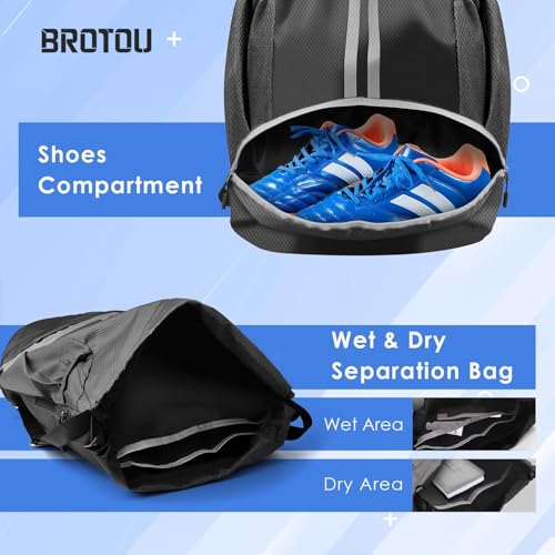 BROTOU Soccer Bags, Football Backpack, Volleyball Bag, Drawstring Backpack with Ball and Shoe Compartment, Football bags for Equipment Swim Gym Bag - color: Black
