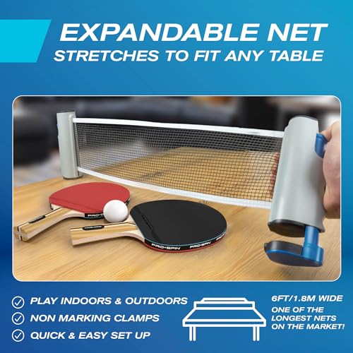 PRO-SPIN Portable Ping Pong Set with Retractable Ping Pong Net for Any Table, All-in-One Table Tennis Set with Ping Pong Paddles, Balls & Case, Table Top Family Game - color: 2-Player Ultra-Comfort Set | Blue/Black
