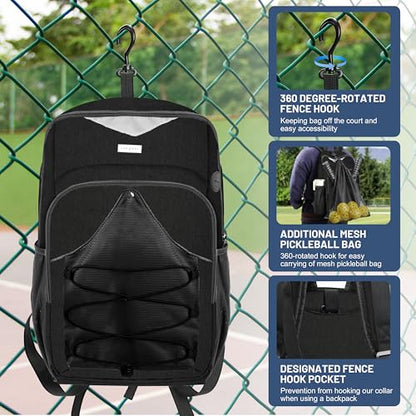 Pickleball Bag - Men's & Women's Pickleball Backpack, Adjustable Sling Bag with Large Capacity/Safety Pocket Ventilated Racket Compartments, Black