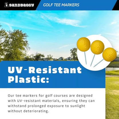Sandbaggy Plastic Tee Markers for Golf Course (UV Resistant) - Steel Spike - Safety Caps Included - color: Yellow
