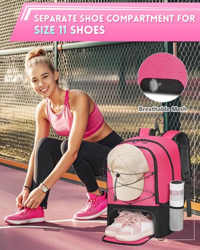 MATEIN Girls Soccer Backpack, Large Basketball Bag with Ball Holder & Shoe Compartment for Tournament & Game Day, Lightweight Youth Sports Bag with Fence Hook Fits 15.6 Inch Laptop, Soccer Team Gifts - color: Pink