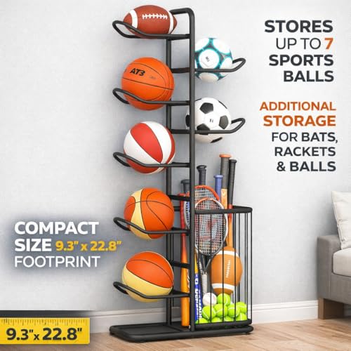 7-Ball Sports Equipment Storage Rack with Ball Holder, Ideal for Garage or Indoor Use - Organize Toys, Sports Gear and More, 57.5" (Black) - style: 7-tier with Basket