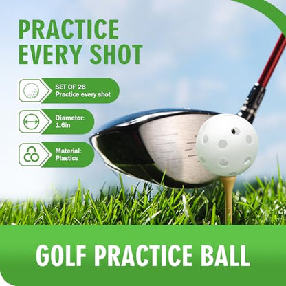 26 Pack Practice Golf Balls, 41mm Hollow Airflow Plastic Golf Balls with Golf Tees, for Indoor Outdoor Driving Range Backyard Swing Practice - color: White