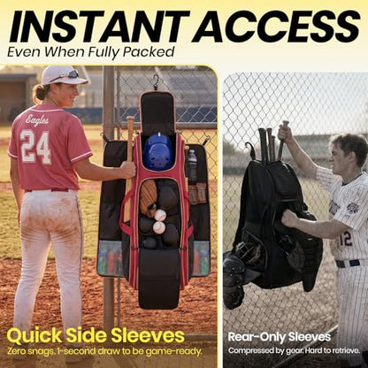 100L Rolling Catchers Gear Bag - Large Baseball & Softball Duffle with 5 Fence Hooks, Locker-Style Organizer, Holds 8 Bats, Vented Shoe Zone - Essential Pro Edition - color: Cardinal Maroon