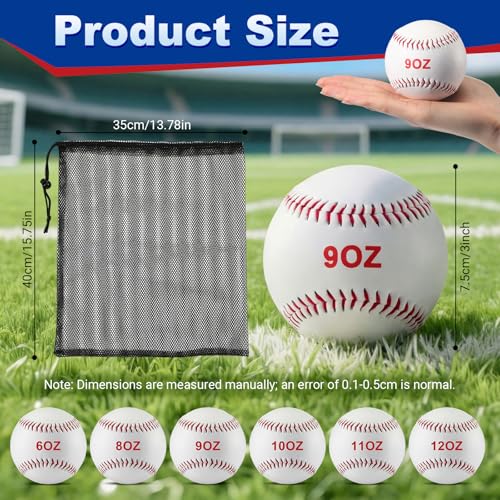 Jenaai 6 Pcs Weighted Training Baseballs Bulk 6oz to 12oz Weighted Softballs with Drawstring Bag for Hitting, Pitching Practice Strength Development - color: White, size: 9"