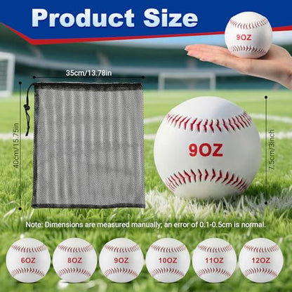 Jenaai 6 Pcs Weighted Training Baseballs Bulk 6oz to 12oz Weighted Softballs with Drawstring Bag for Hitting, Pitching Practice Strength Development - color: White, size: 9"