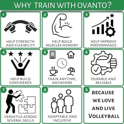 OVANTO Volleyball Training Equipment Aid – Adjustable Practice Hitting Rebounder with Ultra-Stretch Neoprene, Exclusive Elastic Cords & Premium Content, Improve Power, Speed & Technique at All Levels