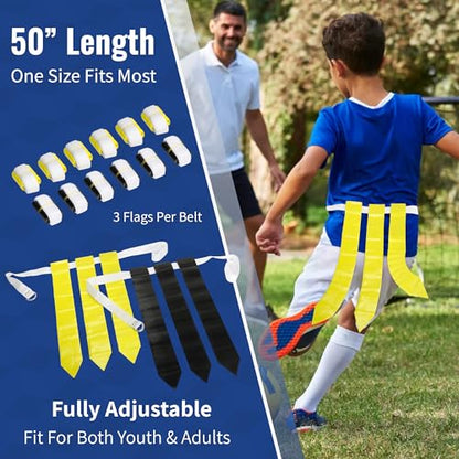 12 Player Adjustable Flag Football Youth/Adult Set, 3 Flags per Belt, Side Release Buckle, 36 Flags, 6 v 6 Set