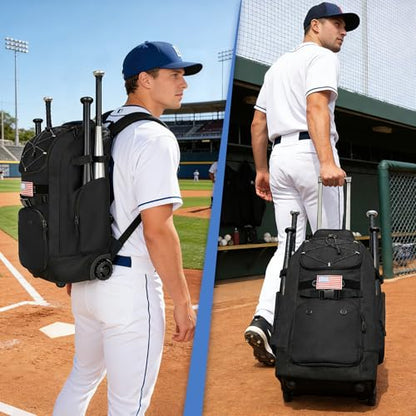 Rolling Baseball Bag with Wheels, 60L Capacity Wheeled Softball bag with Shoe Compartment for Youth & Adult, Bat bag with Hidden Straps,Fence Hook,Holds 4 Bat, Helmet, Glove - color: Black
