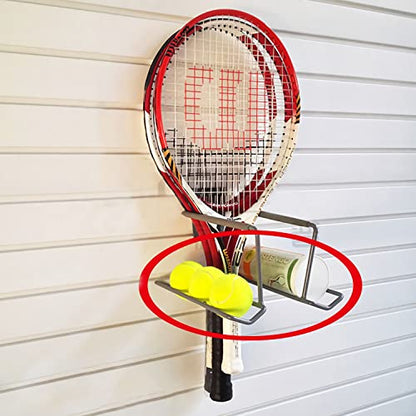 Wall Mounted Metal Tennis Racket Holder - Heavy-Duty Steel Hanging Badminton Racket Storage Rack Ping Pong Paddle Holder Holds 8 Balls 5 Racquets with Hardware and Anti-Scratch Silicone Tube