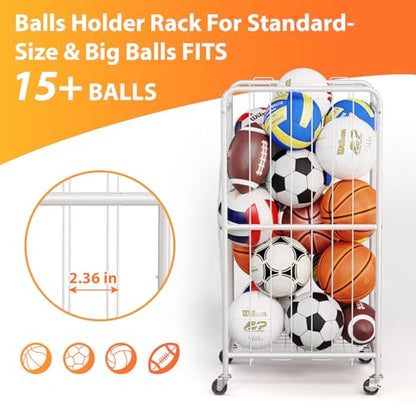Olldide 250L 43-Inch Large Ball Storage Basket with Wheels, Rolling Cart Sports Equipment Garage Organizer with Elastic Rope for Easy Access, Holder For Basketball, Soccer, Volleyball, Football